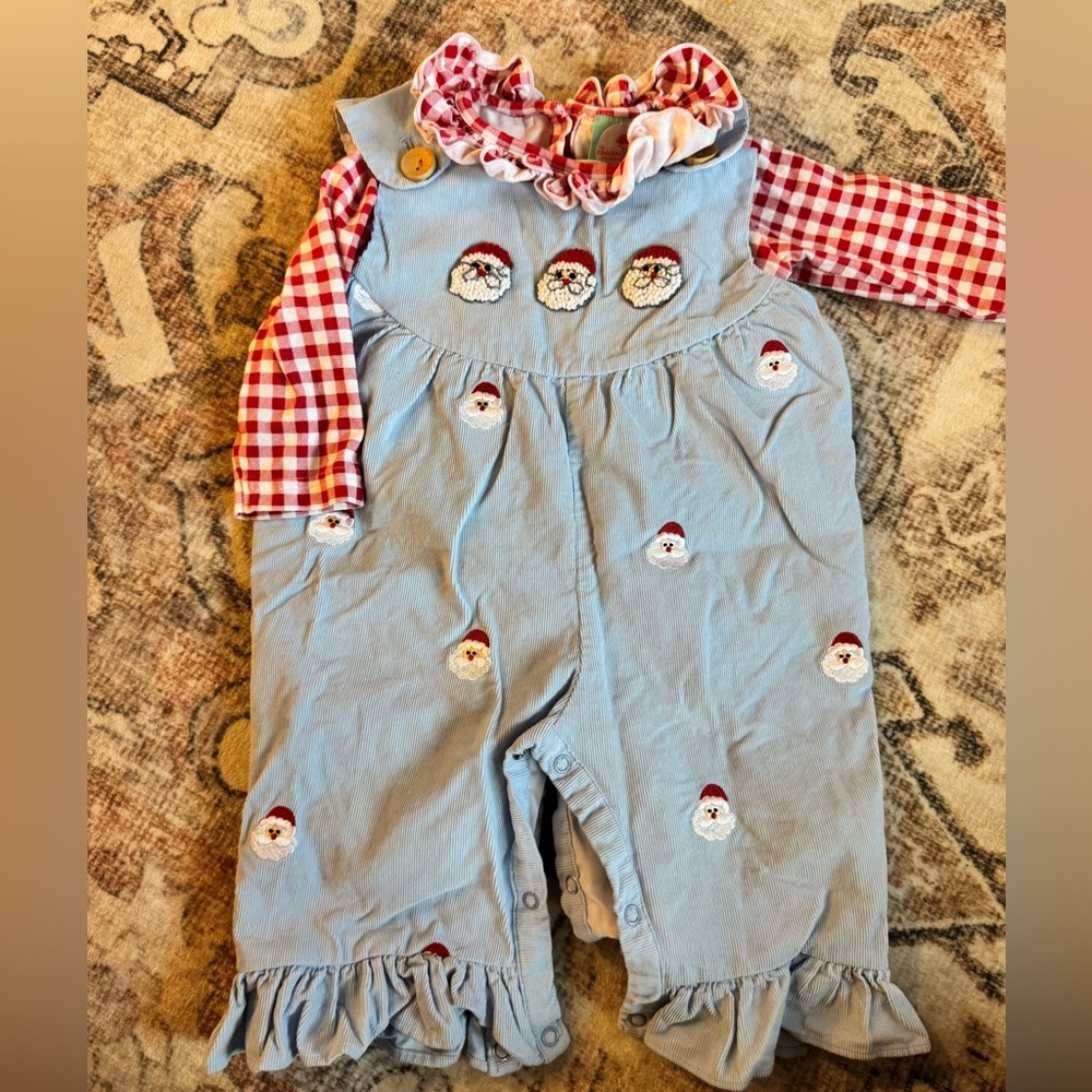 French Knot Santa Overalls With Red Checkered Undershirt